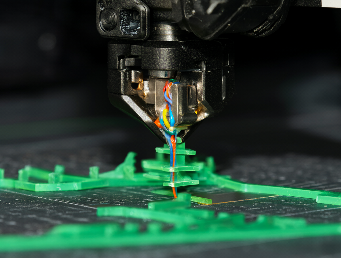 Close-up of an FDM 3D printer nozzle extruding filament with green support structures visible on the print bed, ready to be peeled off. High-quality lighting.