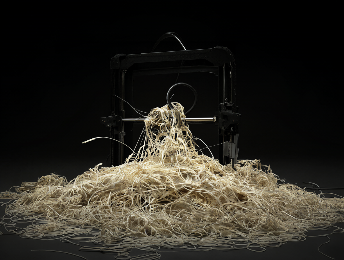 A 3D printer failing mid-print with plastic filament tangled in a massive spaghetti-like mess across the workspace. Dark background emphasizing the chaos.