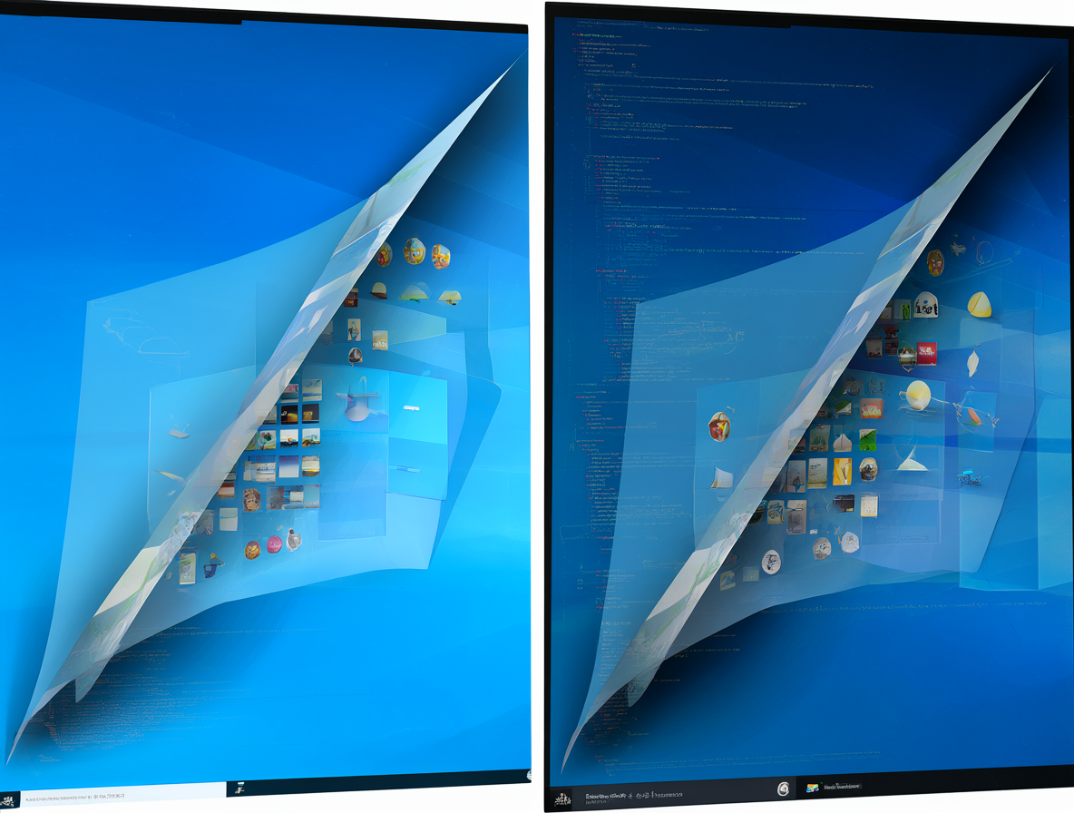 Split screen illustration showing Windows and Linux with transparent layers revealing hidden code and features.