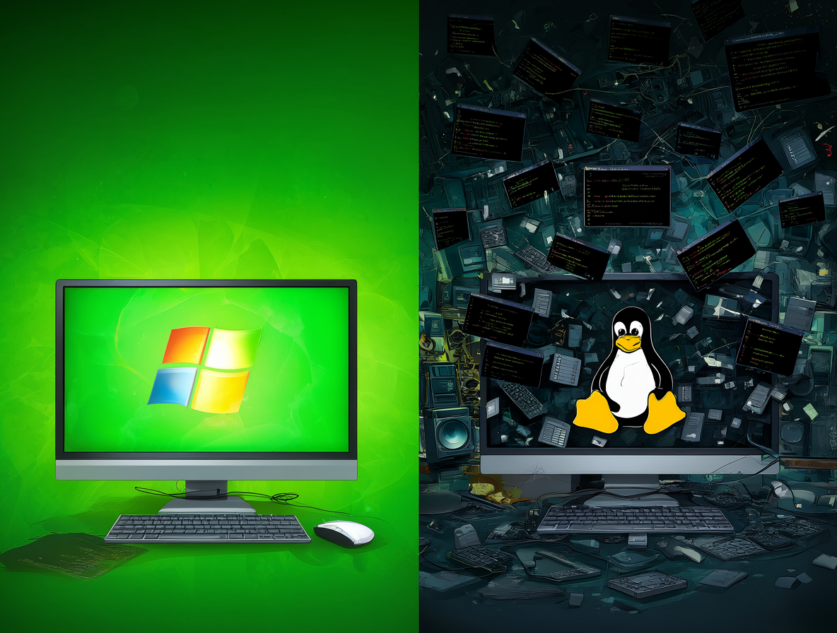 Ilustración comparativa mostrando la tensión entre los ecosistemas de Windows y Linux en el escritorio personal.
