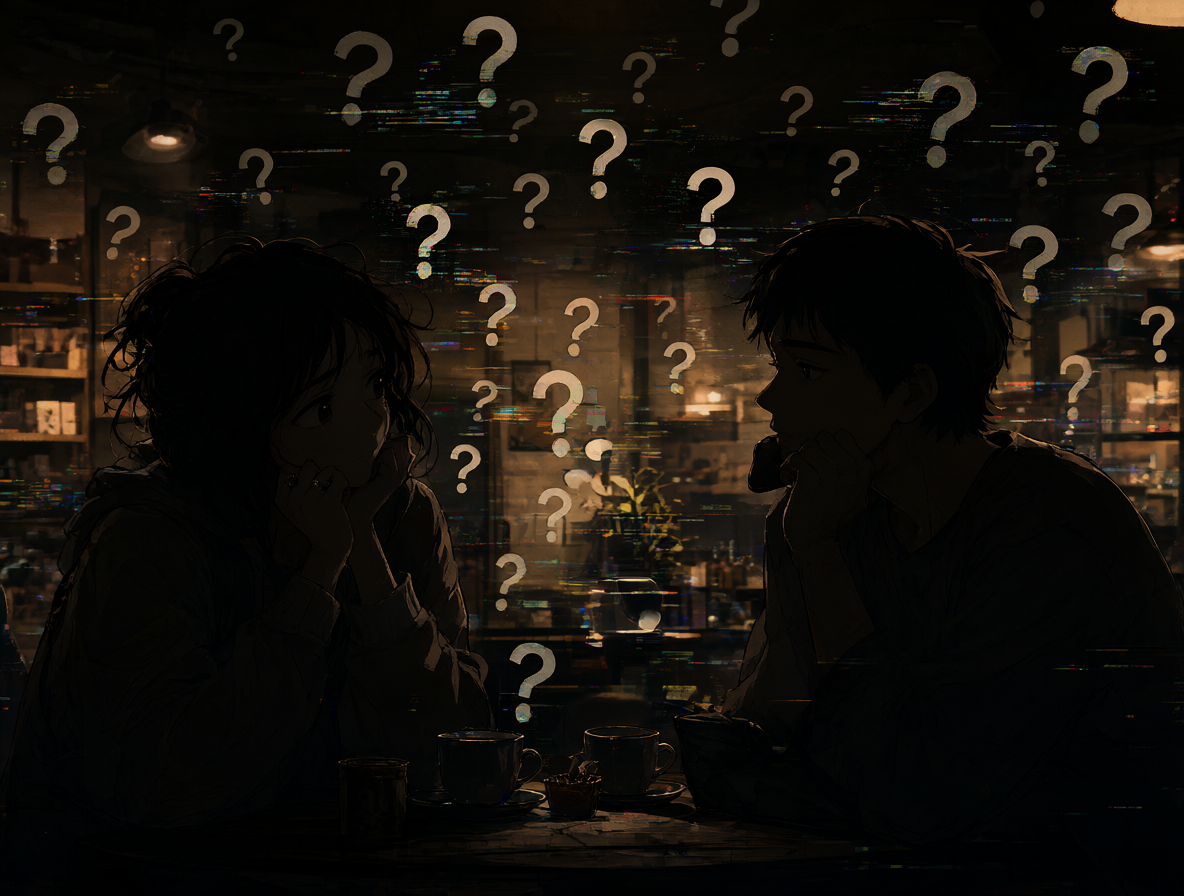 Two silhouettes facing each other in a tea shop, separated by visual glitch effects representing communication confusion.