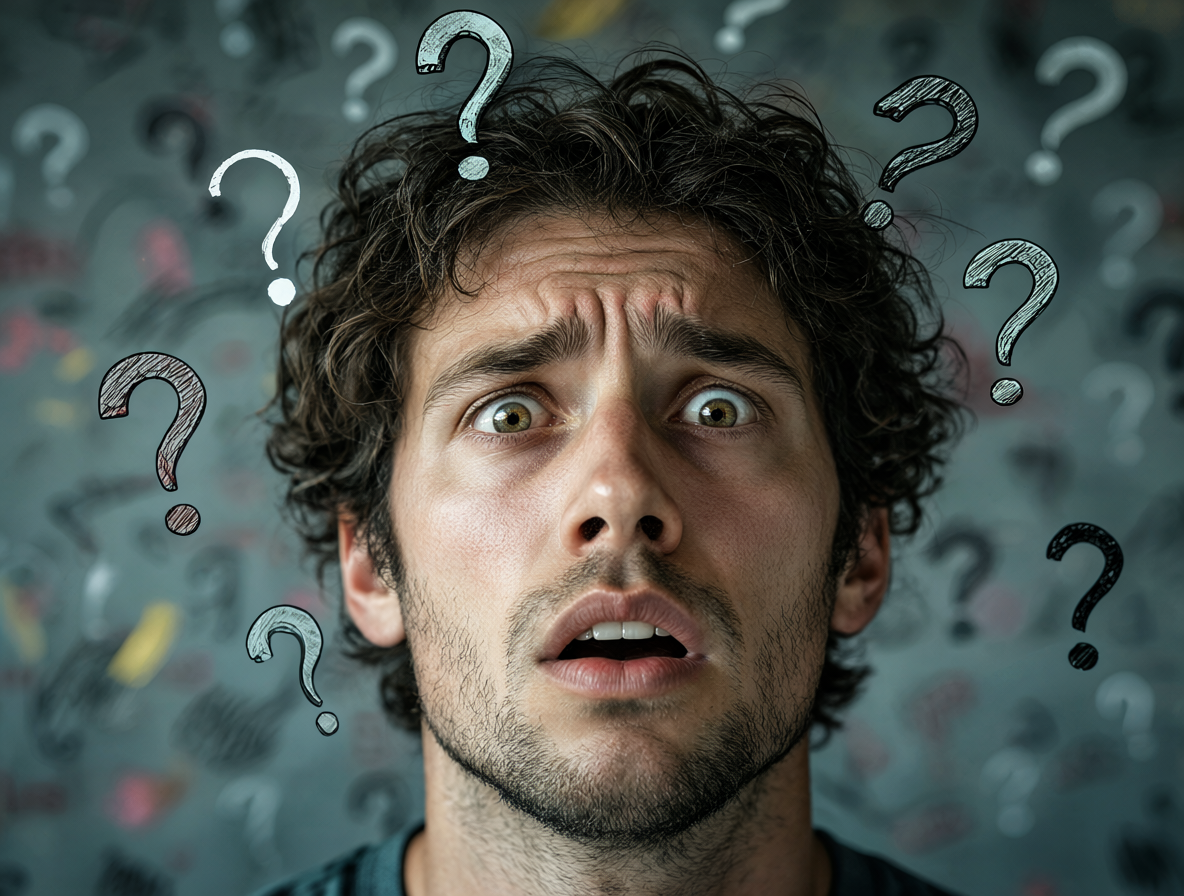 An anxious face surrounded by floating question marks and fragmented thoughts representing overthinking.