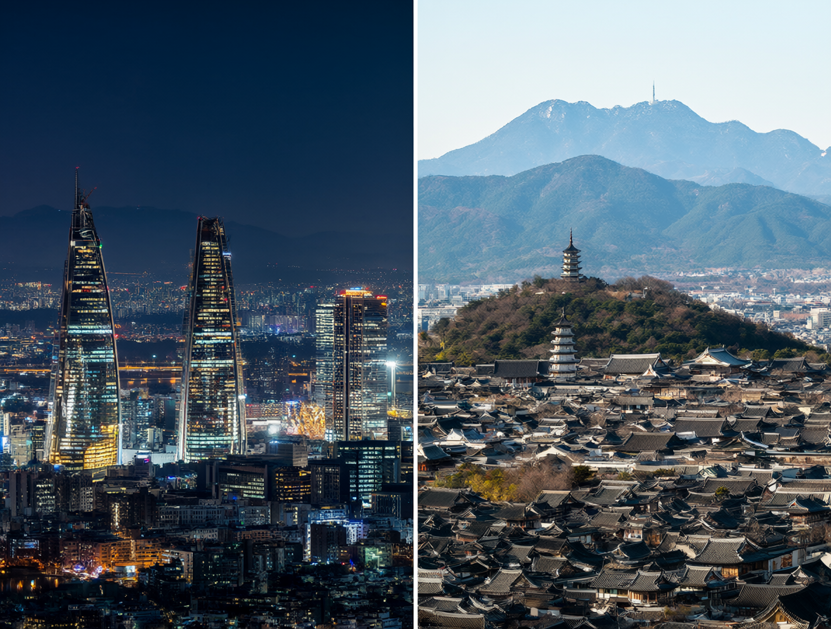 Vista dividida mostrando el horizonte moderno de Seúl a la izquierda y un paisaje tradicional japonés a la derecha.