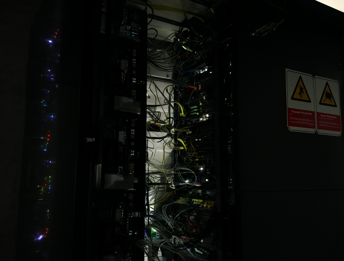 Interior de un centro de datos con servidores y señales de propiedad intelectual.