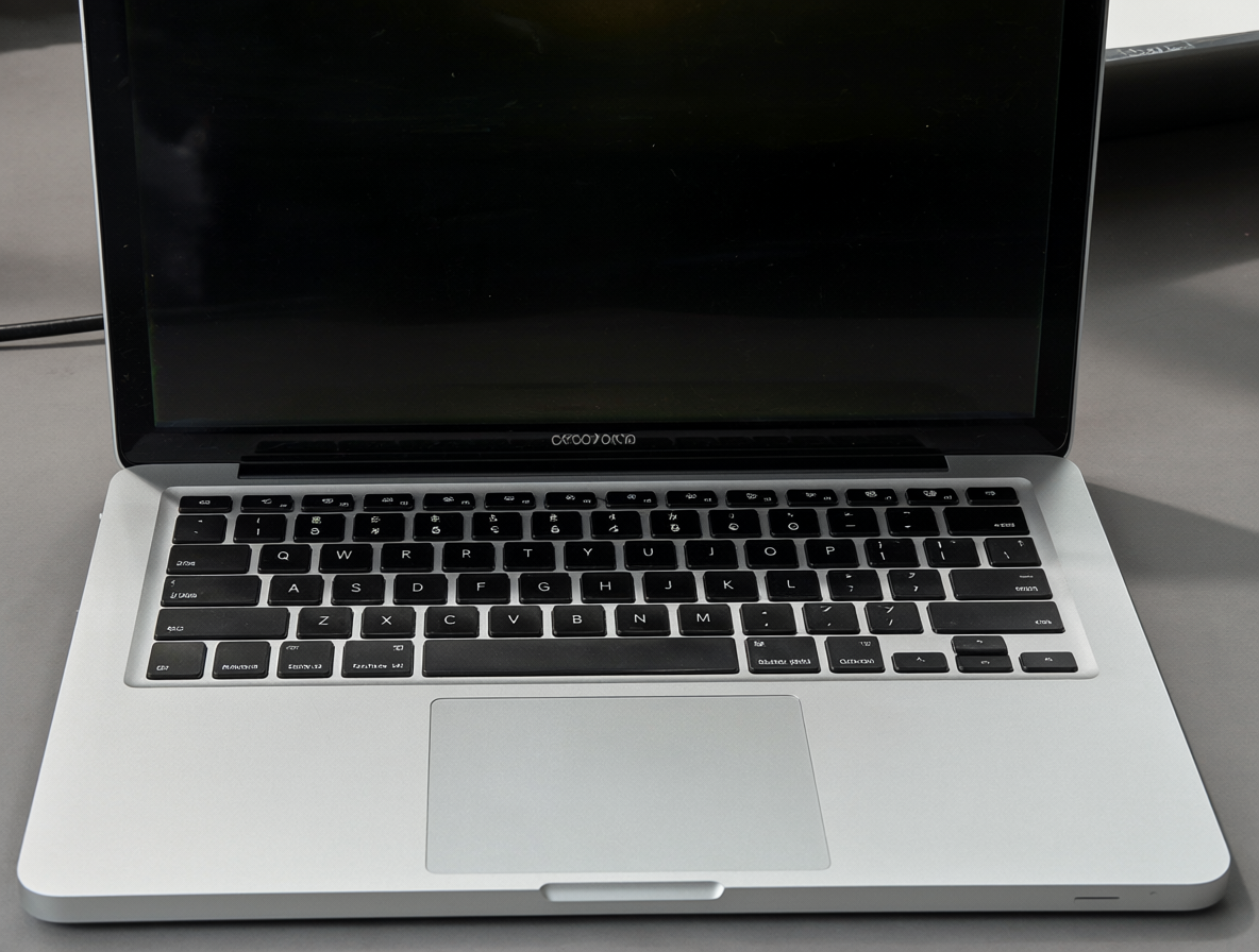 Vista clara del chasis de aluminio de un MacBook Pro 2012 abierto sobre una mesa.