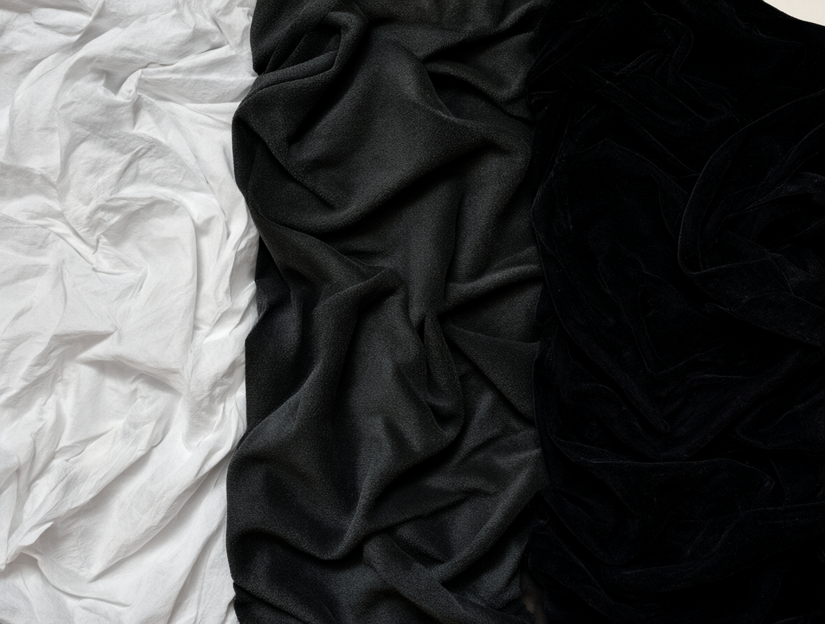 Vista comparativa de diferentes telas negras para fondos, desde una sábana hasta terciopelo.
