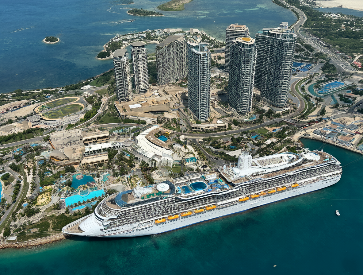Un gran barco de cruceros junto a un resort de lujo frente al mar