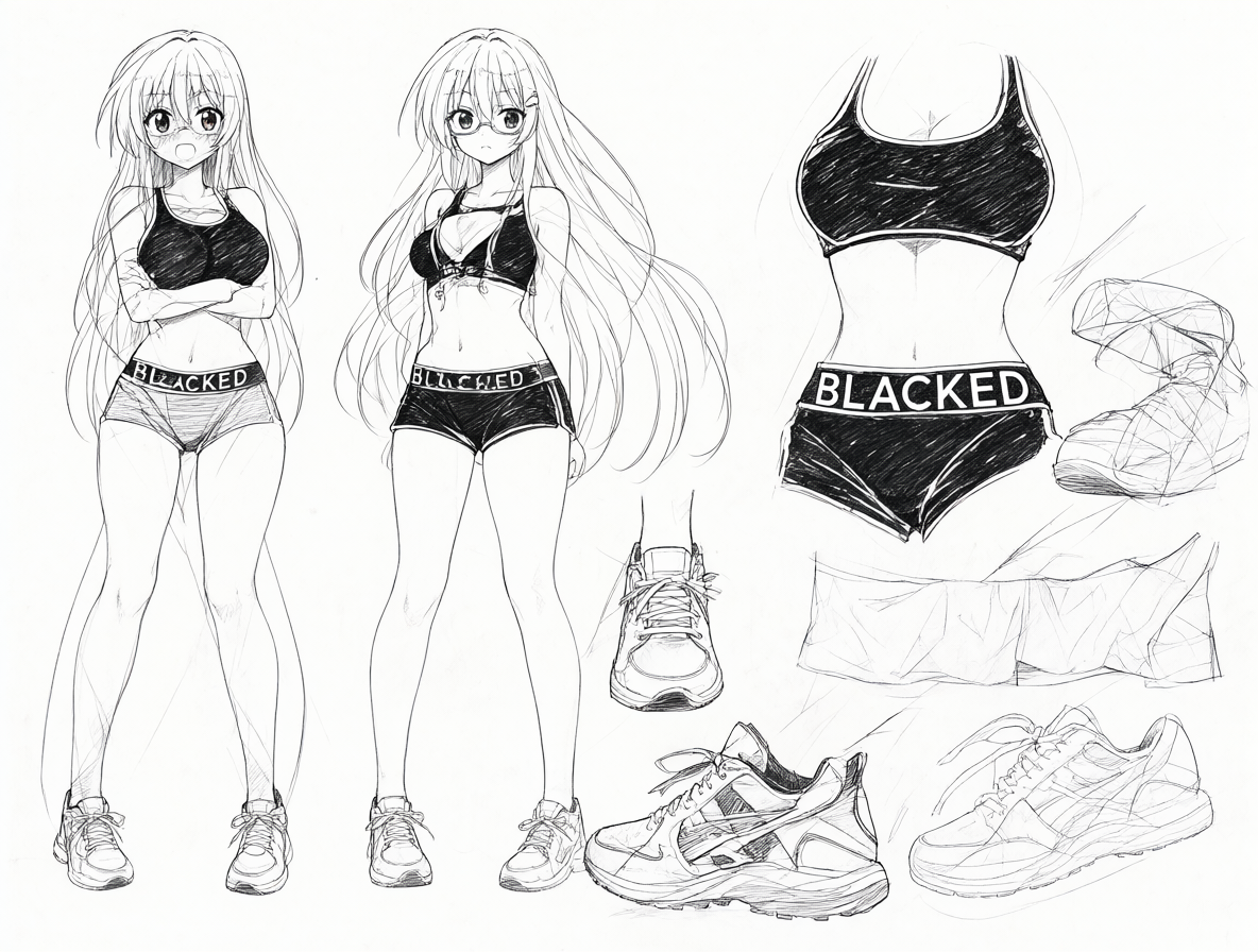 Dibujo de una chica de anime con ropa deportiva y el logo BLACKED