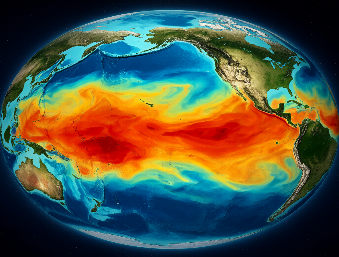 Mapa global mostrando corrientes atmosféricas en movimiento y olas de calor, destacando el calentamiento del Pacífico.