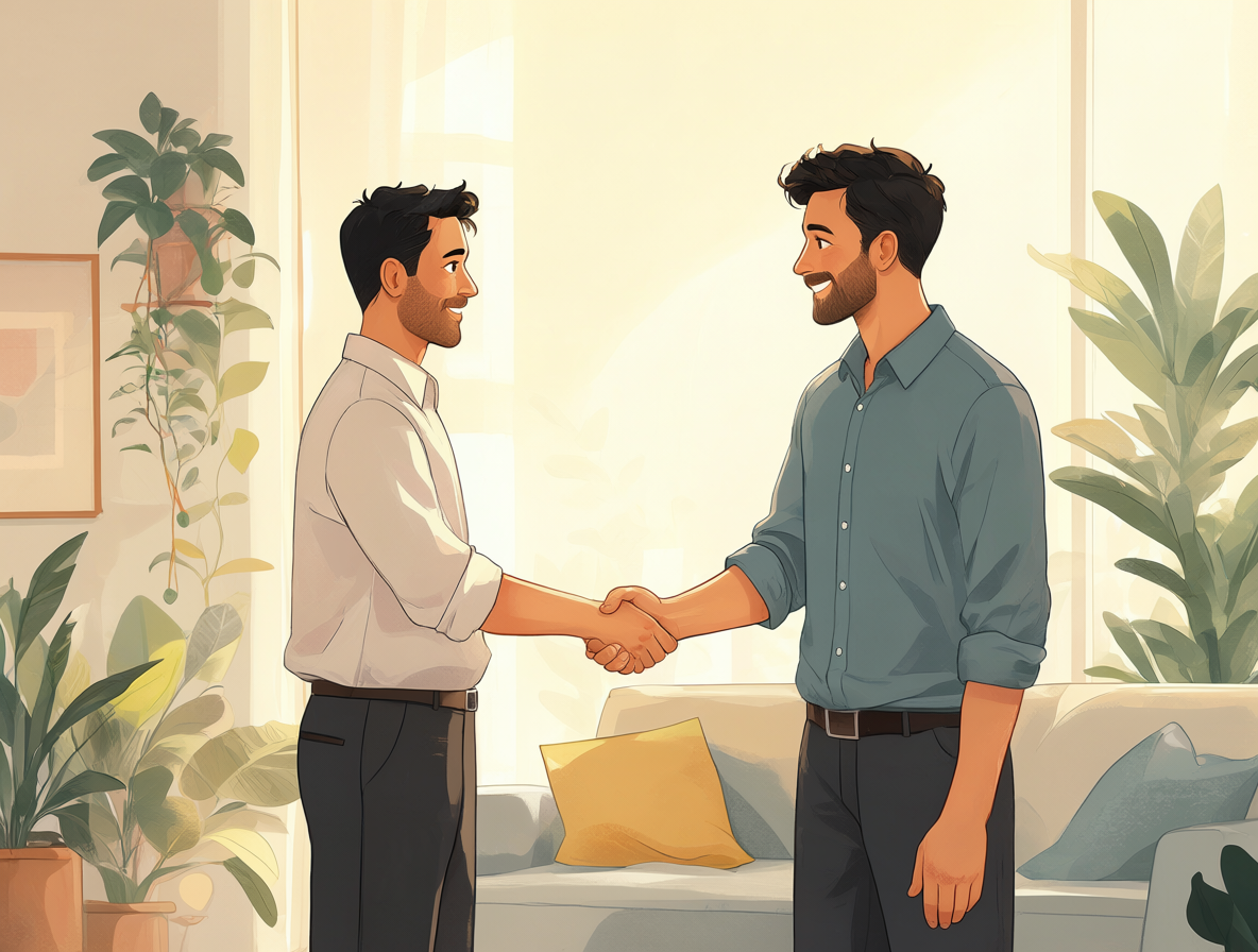 Dos personas estrechando la mano en un entorno moderno, representando la estabilidad del arriendo sin reajustes.