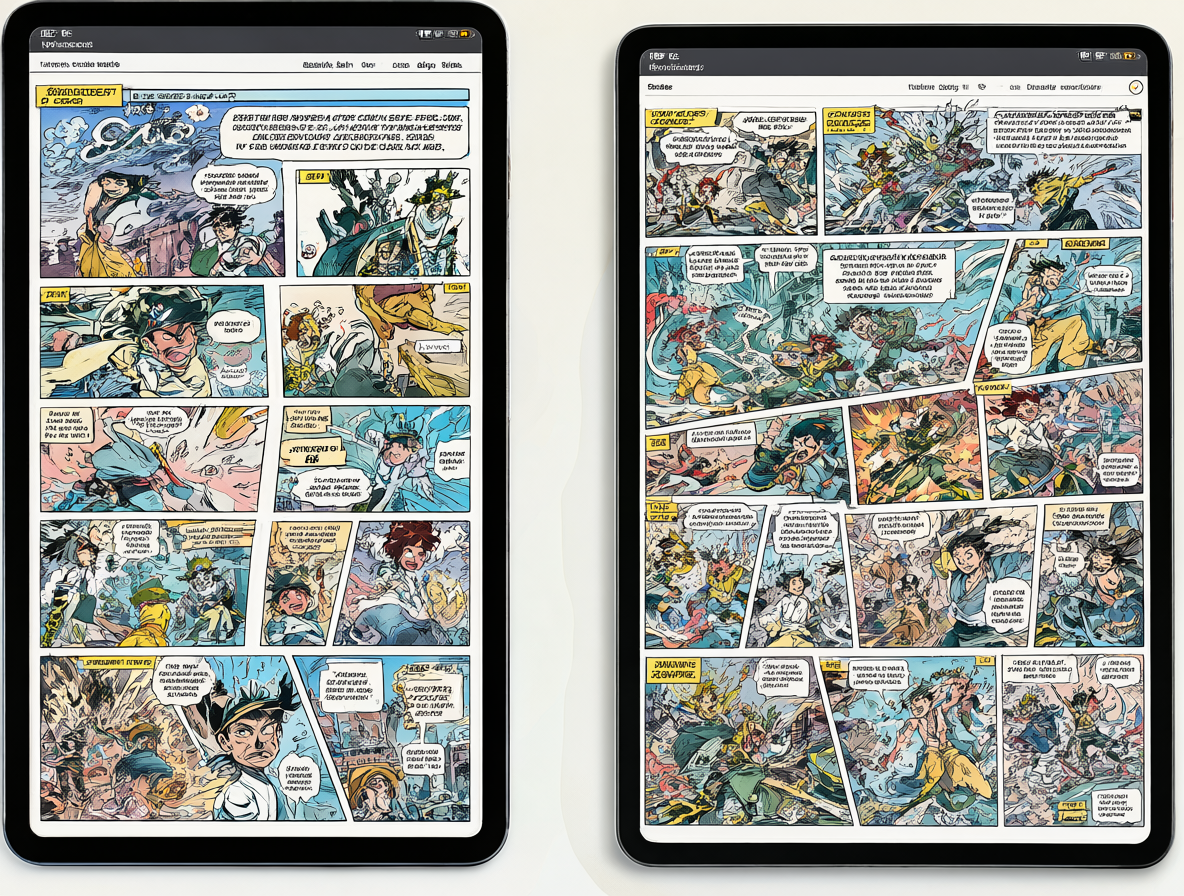 Imagen mostrando una tablet leyendo cómics digitales y un cómic impreso, representando los formatos CBZ y PDF.
