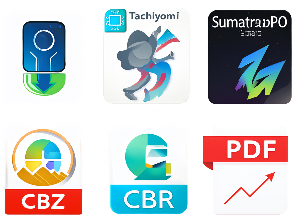 Iconos de programas de lectura de cómics y archivos digitales dispuestos en una interfaz.