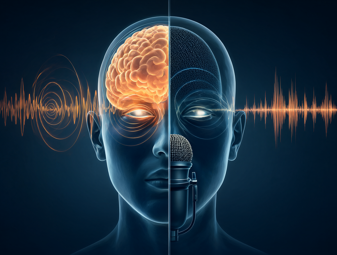 Ilustración dividida de un cráneo mostrando la resonancia interna y la grabación externa.