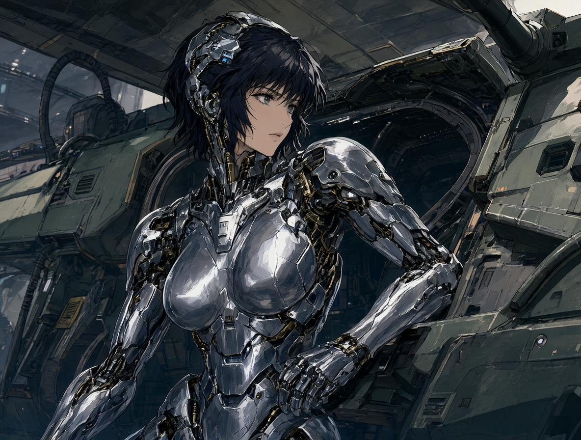 Ilustración detallada de la Mayor Motoko Kusanagi mostrando su densidad metálica y fuerza física.