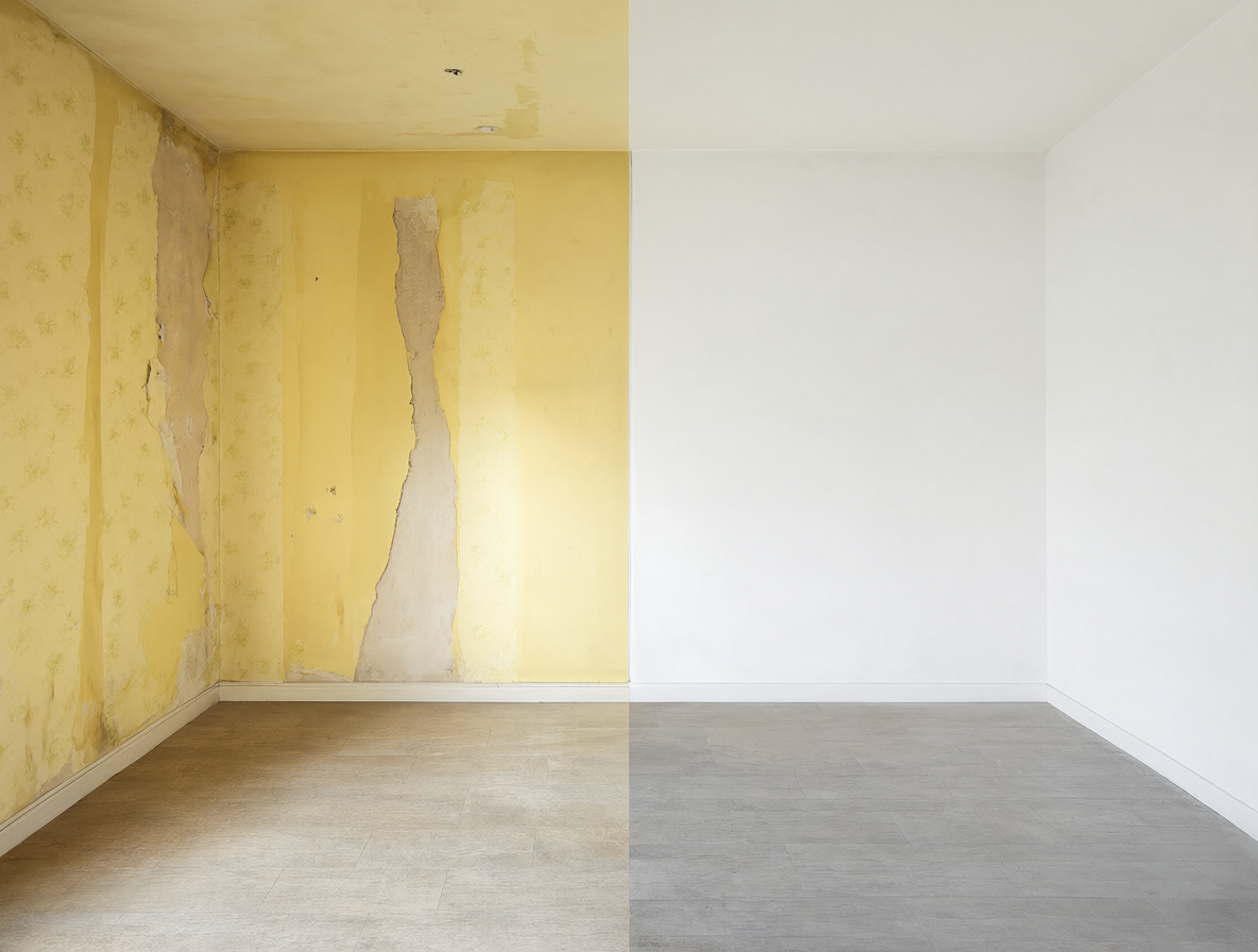 Comparativa de un salón antes y después de una limpieza profunda y repintado