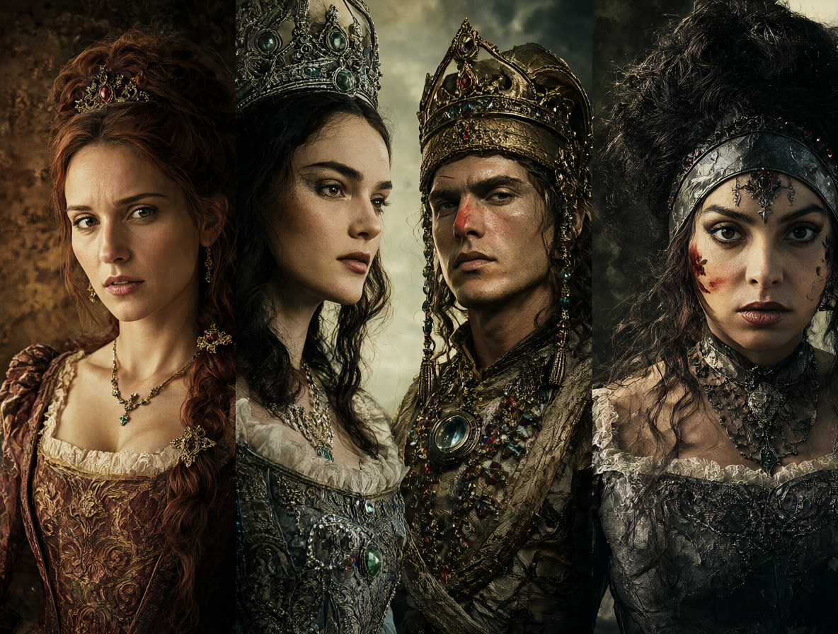 Historical portraits next to modern movie posters with diverse casting