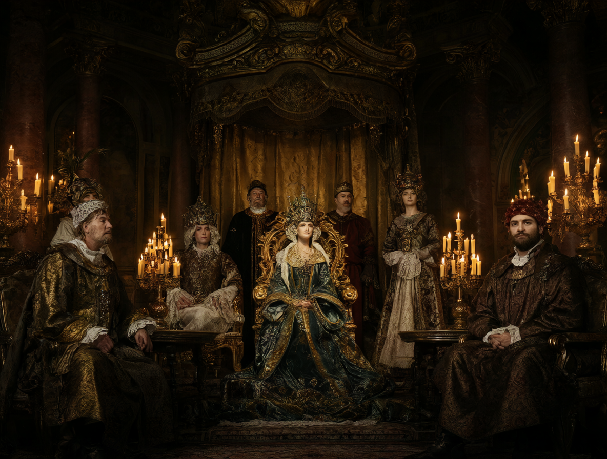 Figuras históricas en un salón majestuoso iluminado por velas