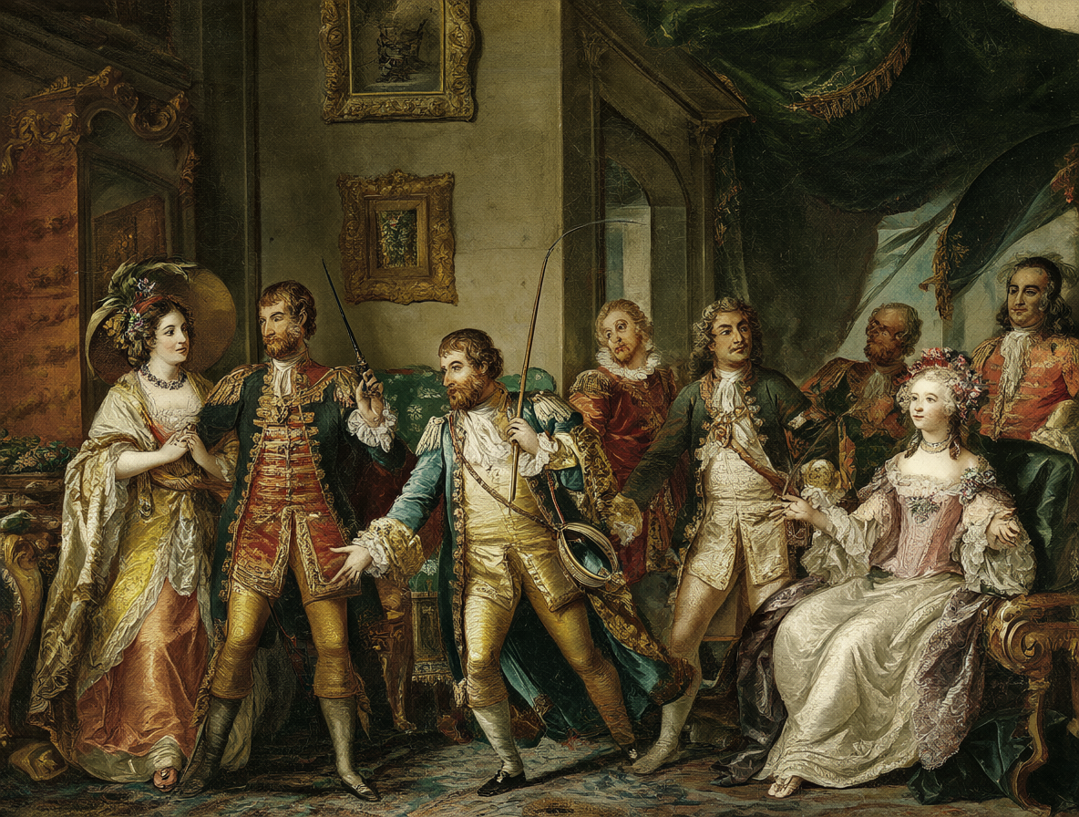 Figuras históricas como Cleopatra y Luis XV interactuando