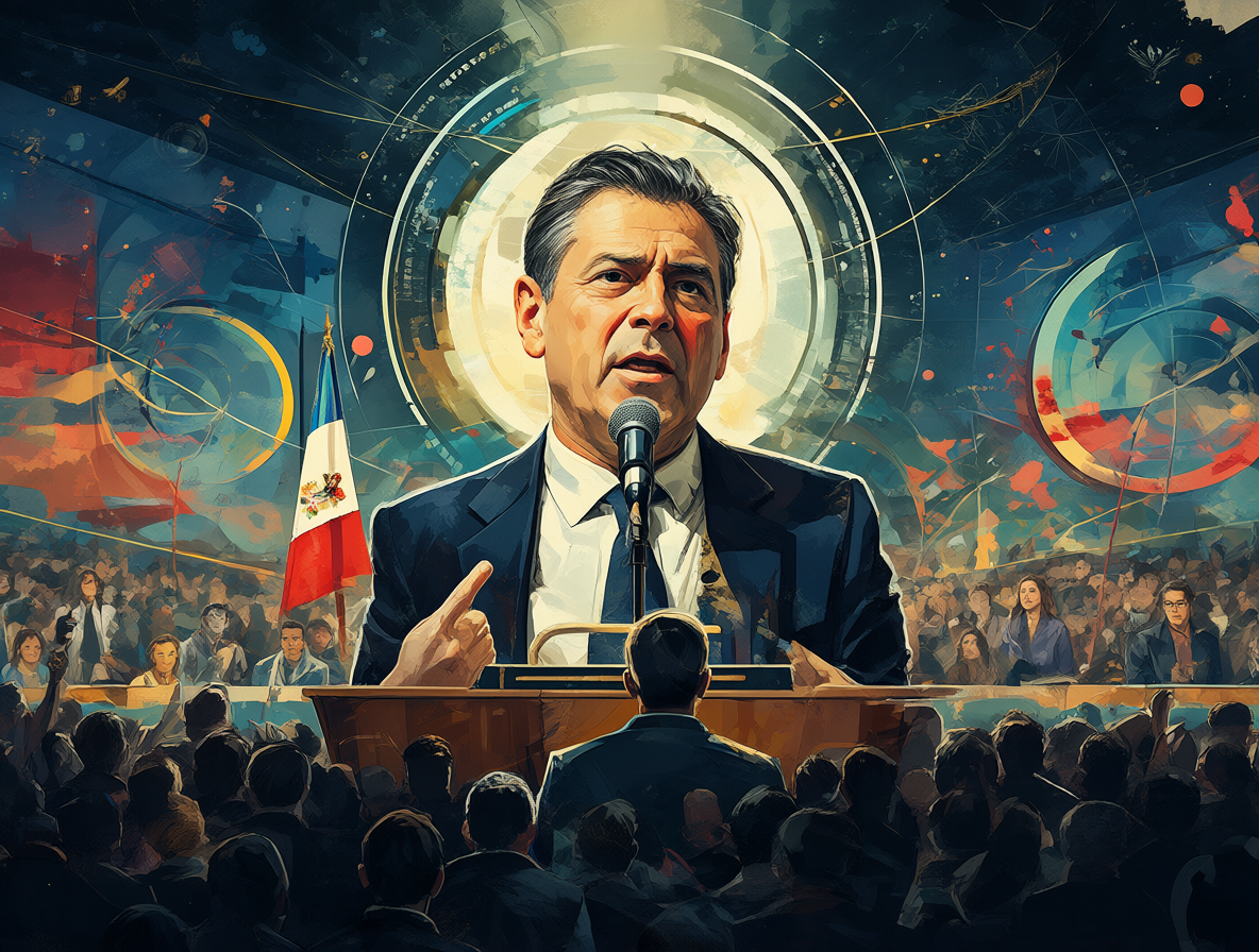 Retrato de un político chileno discutiendo política económica con gráficos al fondo