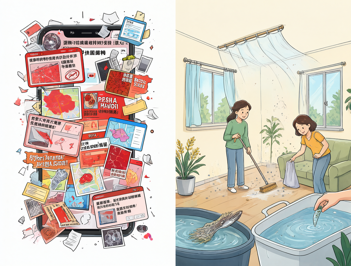 Ilustración dividida que muestra las alertas sanitarias digitales versus la higiene doméstica real.
