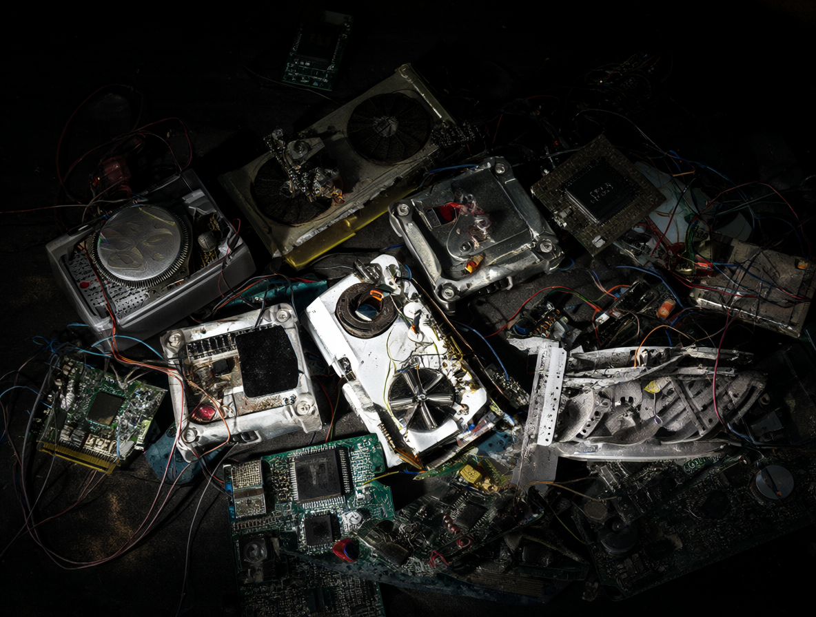 Varios componentes de hardware tecnológico en un entorno desordenado que representa la era heroica de la computación.