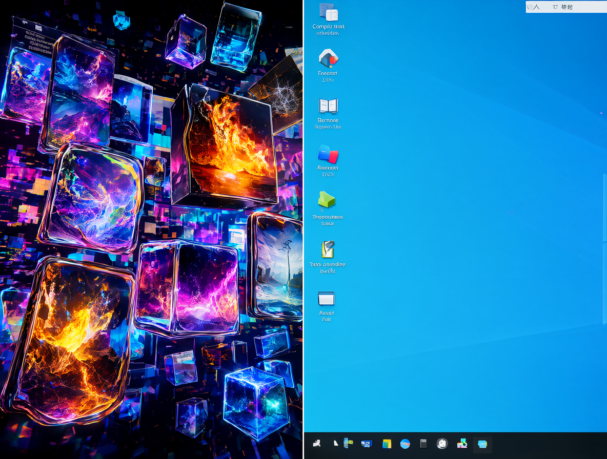 Split-screen illustration comparing a chaotic, effect-heavy desktop environment with 3D cubes and wobbly windows against a clean, minimalist modern desktop interface.