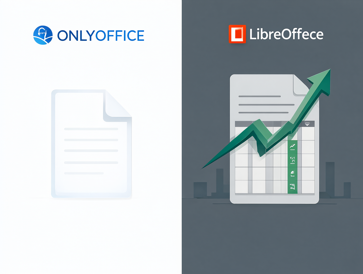 Una comparativa gráfica mostrando los logos de ONLYOFFICE y LibreOffice lado a lado en un diseño de software moderno.