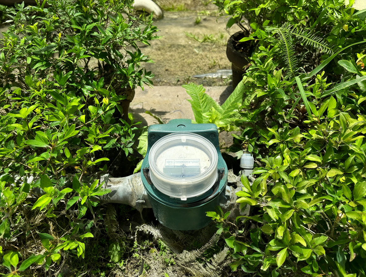 Close-up of an underwater meter in a garden surrounded by green plants for insulation.