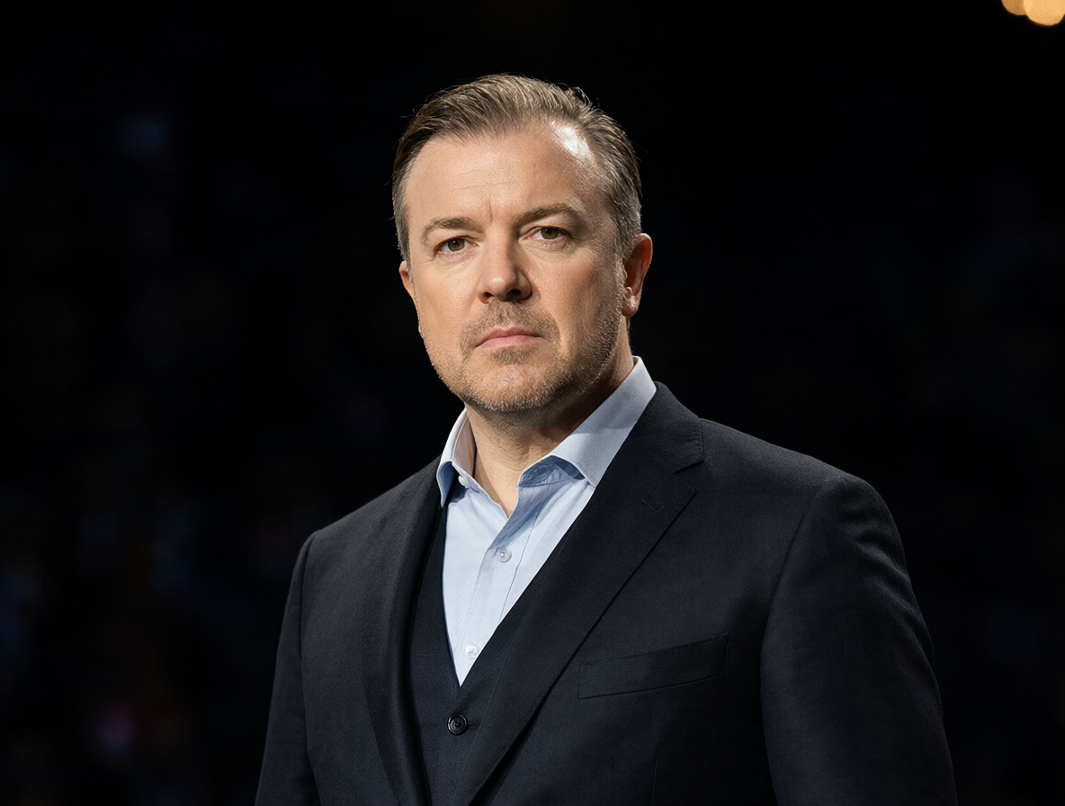 Retrato de Ricky Gervais mirando con determinación en un escenario oscuro, ignorando la presión externa.