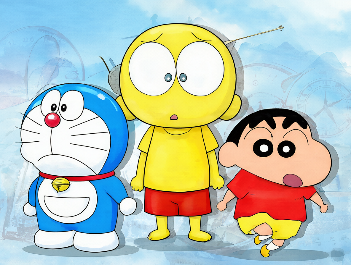 Ilustración de los personajes Doraemon, Condorito y Shin-chan en un entorno con elementos sutiles de tiempo.