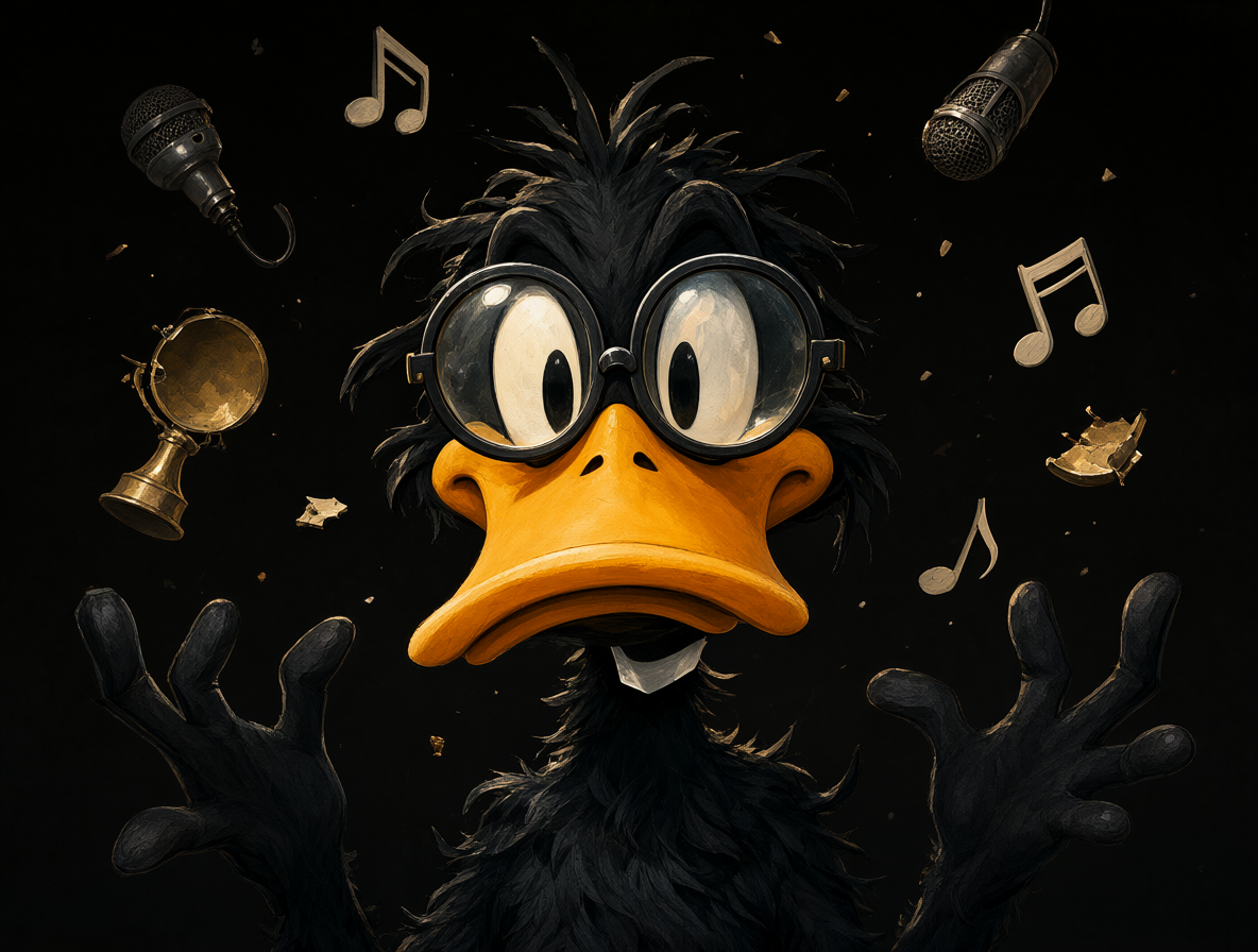 Dibujo artístico de Pato Lucas con gafas y plumaje desordenado, rodeado de objetos flotantes como micrófonos y notas musicales sobre fondo oscuro.
