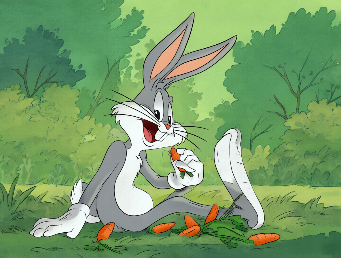 Dibujo de Bugs Bunny relajado comiendo una zanahoria, contrastando la calma y la adaptabilidad del personaje frente a la tensión de Pato Lucas.