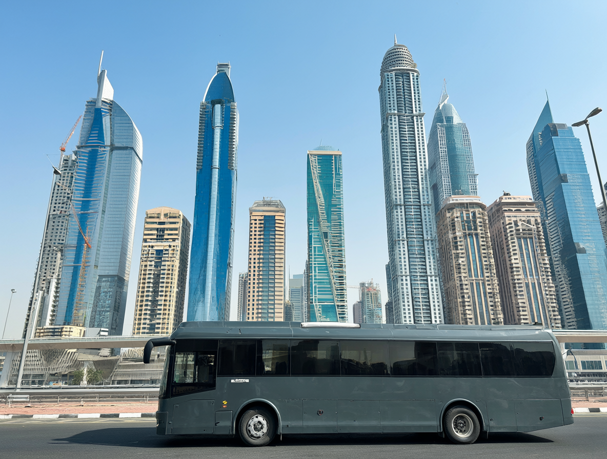 Horizonte de Dubai con rascacielos y un autobús gris de transporte carcelario