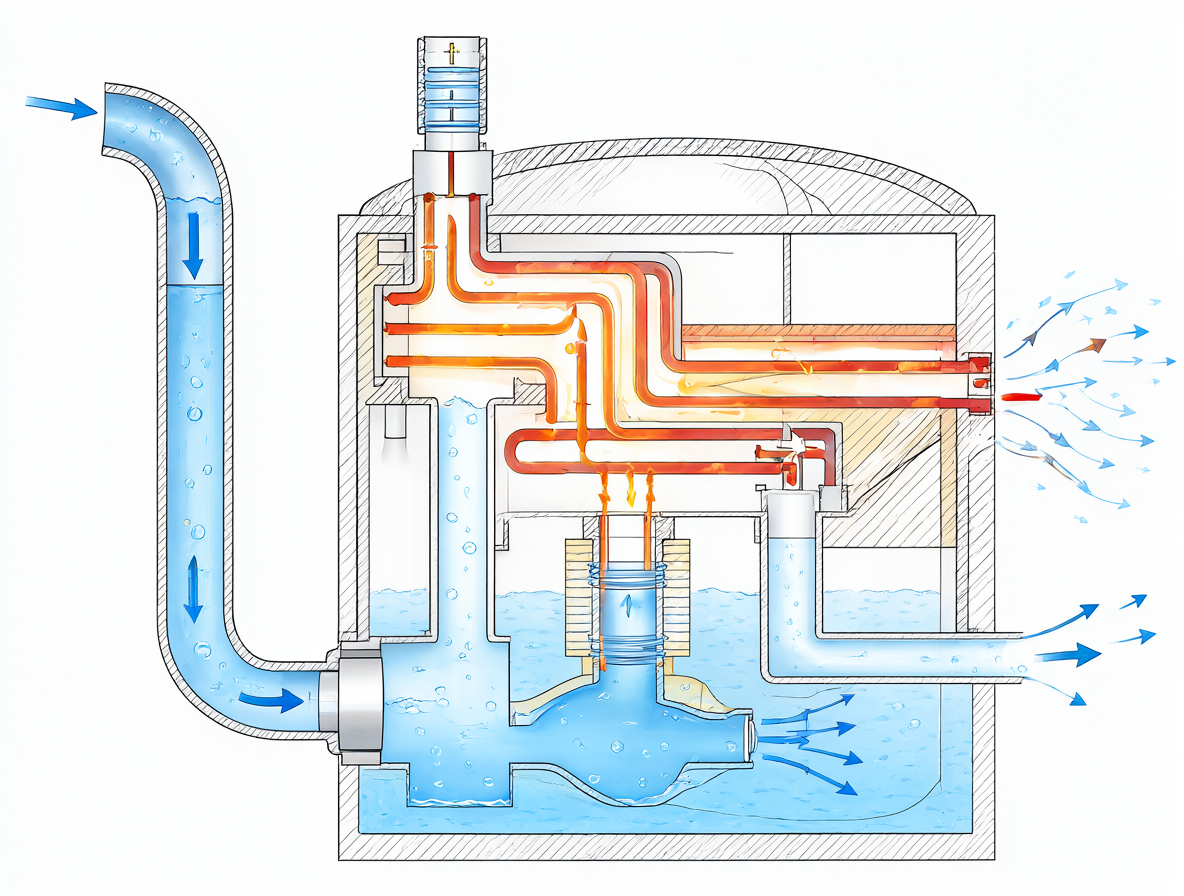 A technical diagram illustrating how pressure, flow rate, and mixing affect the final output of a domestic water heater.