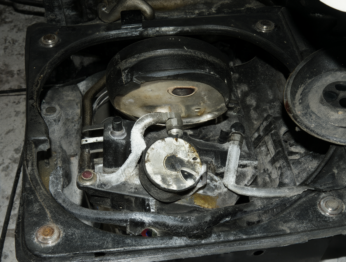 An exposed view of a water heater's internal mechanics, highlighting signs of wear and scale buildup.