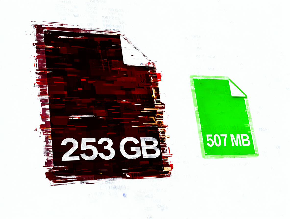 Ilustración técnica mostrando la diferencia entre un bloque de datos gigante y una icono de archivo pequeño.