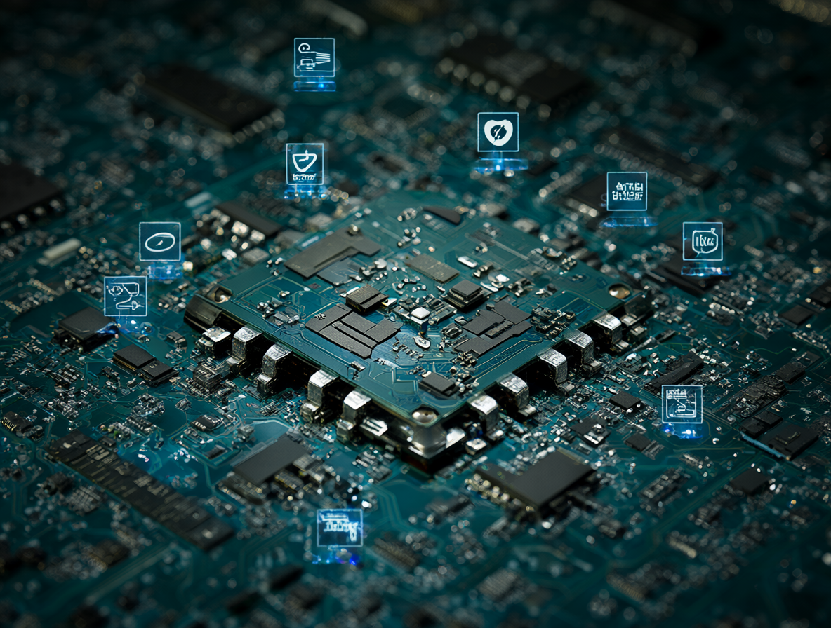 Representación artística de un microcontrolador de gestión empresarial integrado en una placa base.