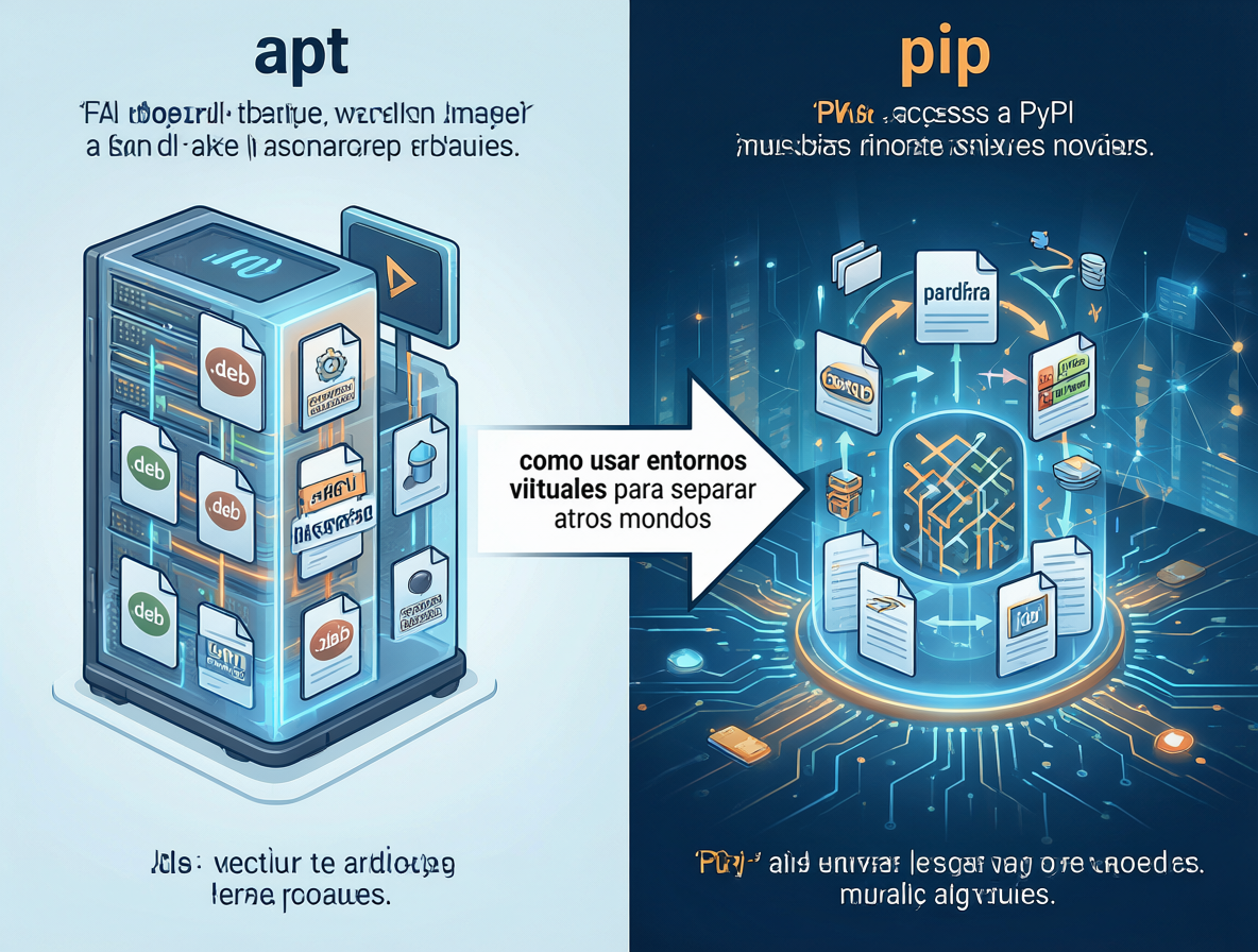 Diagrama comparativo mostrando las diferencias entre los gestores de paquetes apt y pip en Python, destacando el uso de entornos virtuales para evitar conflictos.