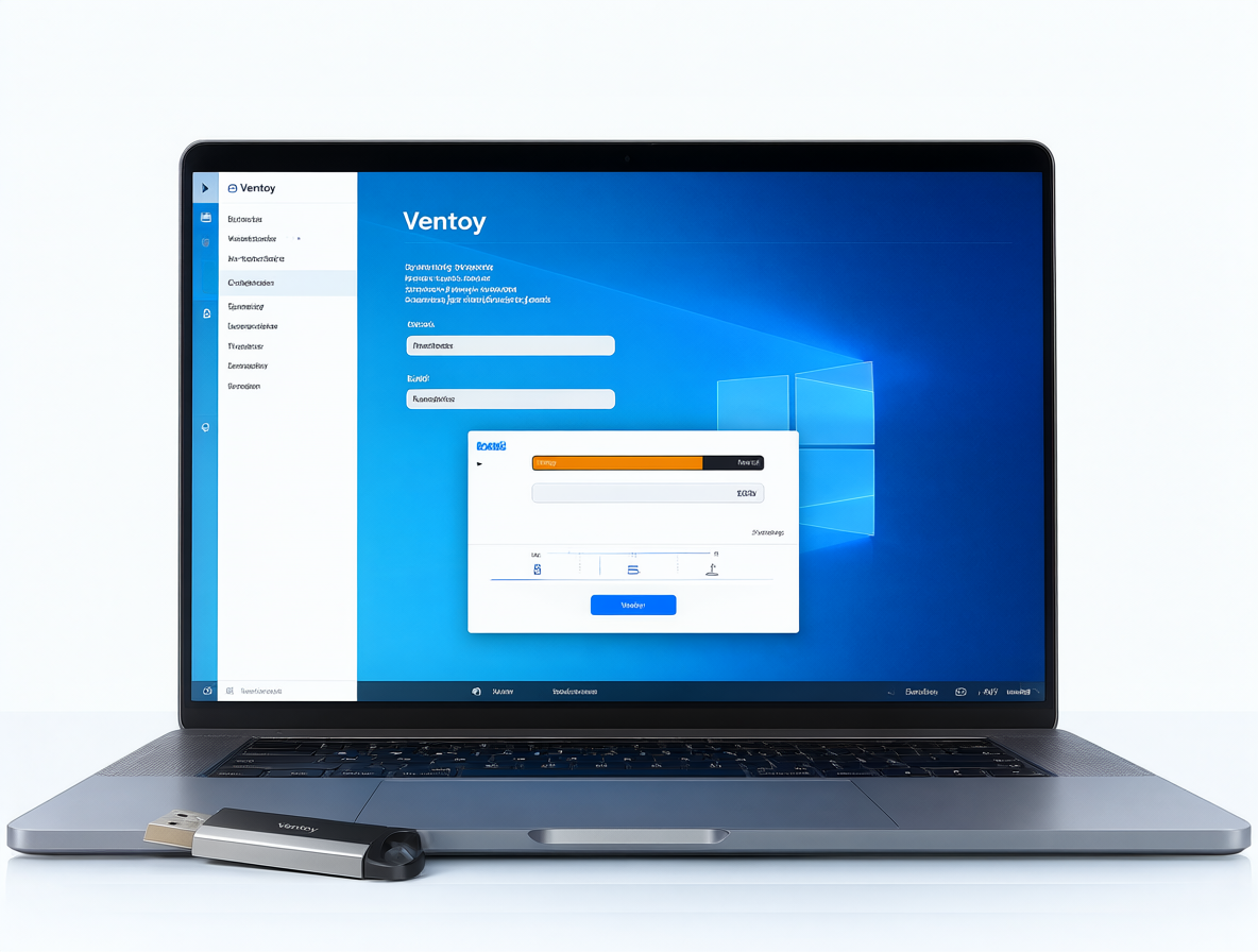 Pantalla de una laptop mostrando la interfaz de Ventoy con un pendrive insertado y una barra de progreso de instalación de Windows 11 superpuesta