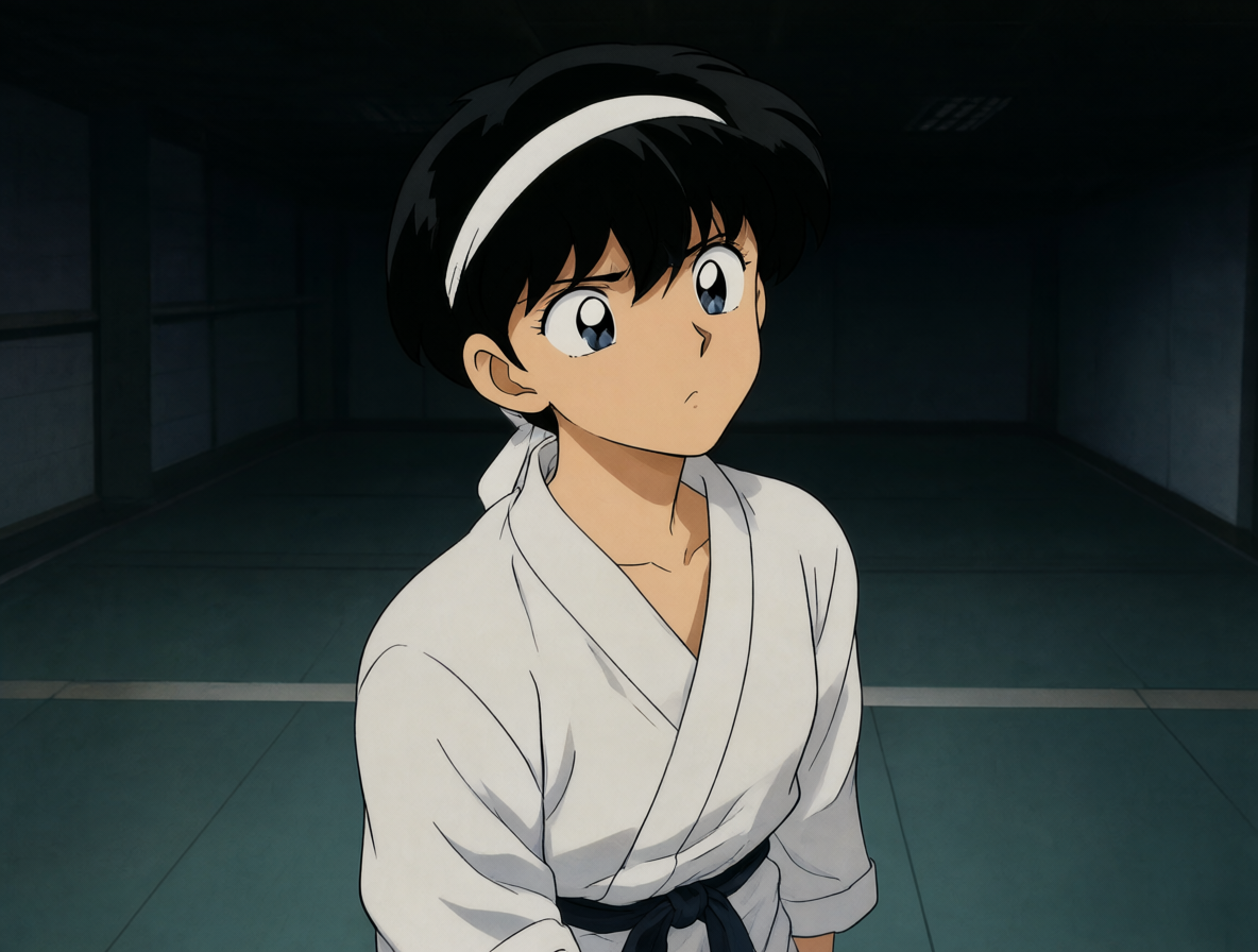 Retrato detallado de Ryoga Hibiki en su gimnasio de entrenamiento con una expresión de rigidez mental y confusión profunda.