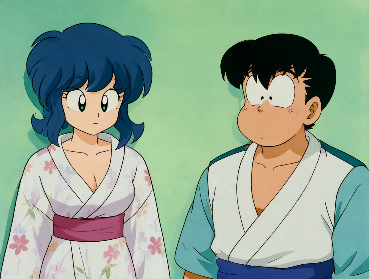 Ryoga Hibiki mirando a un Ranma disfrazado con una expresión de desconexión social y procesamiento literal.
