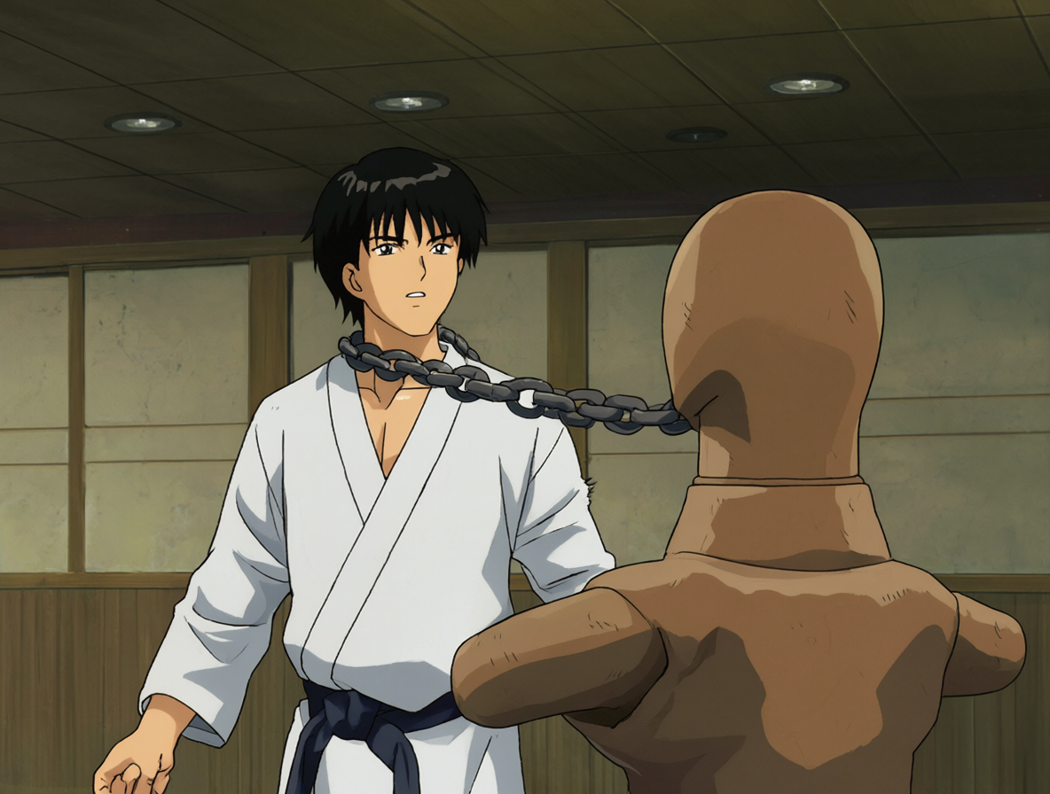Ryoga interactuando con un maniquí de espadar mientras usa una correa metálica, mostrando su enfoque en lo físico sobre lo social.