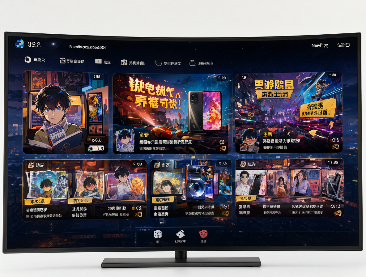 Smartphone Android limpio usando NewPipe al lado de una Smart TV con muchas notificaciones.
