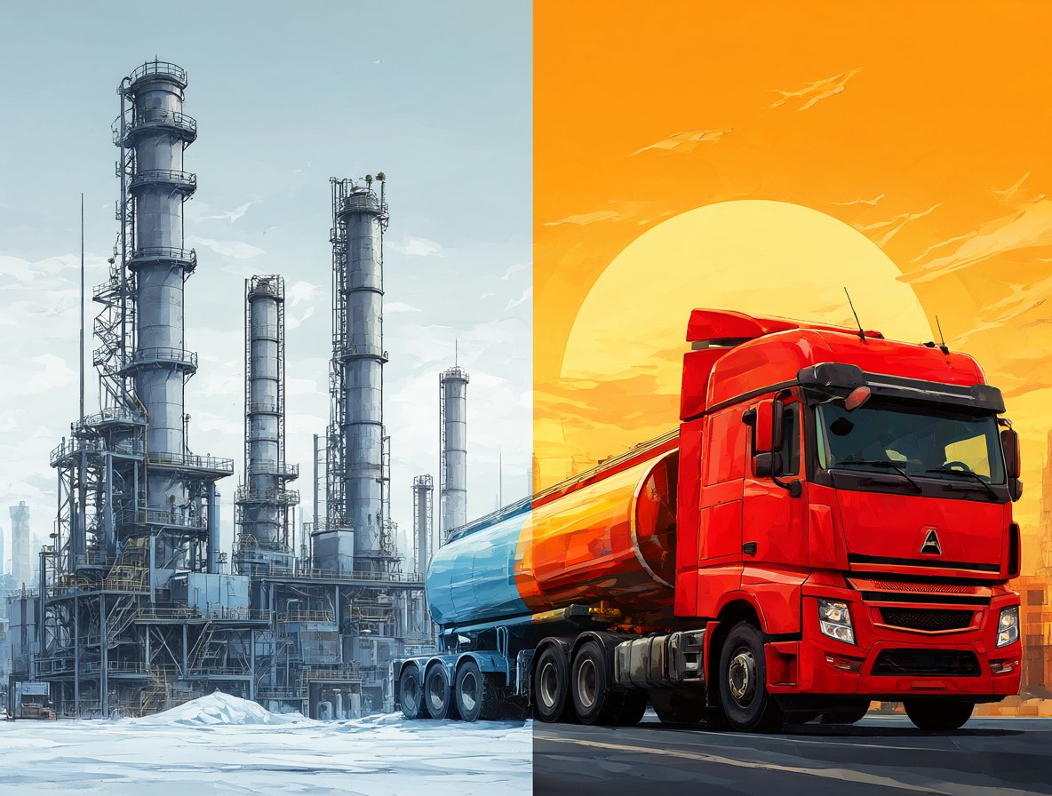 Ilustración dividida mostrando una planta industrial gris a la izquierda y un camión cisterna colorido a la derecha, representando el contraste entre el modelo estatal y privado.