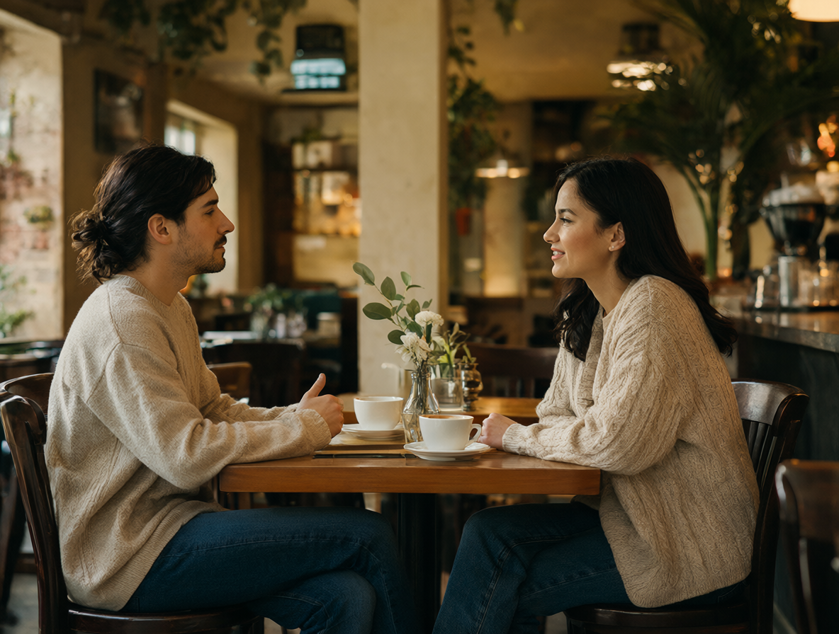 Dos personas conversando tranquilamente en una cafetería acogedora.