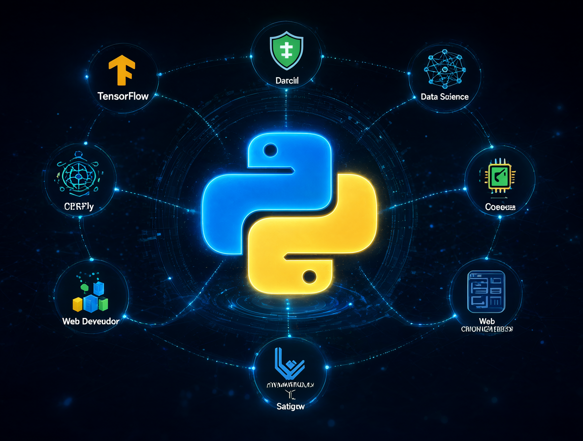 Infografía mostrando el dominio de Python en múltiples áreas de programación.