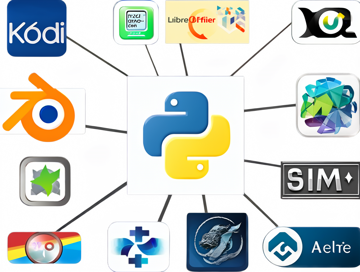 Collage de iconos de aplicaciones como Blender y Calibre conectadas a Python.