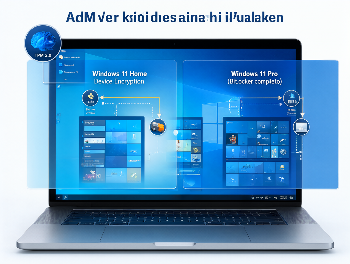 Infografía sobre los requisitos para activar BitLocker automáticamente en Windows 11, mostrando un laptop con icono de TPM, login de usuario y diagramas comparativos entre las ediciones Home y Pro.