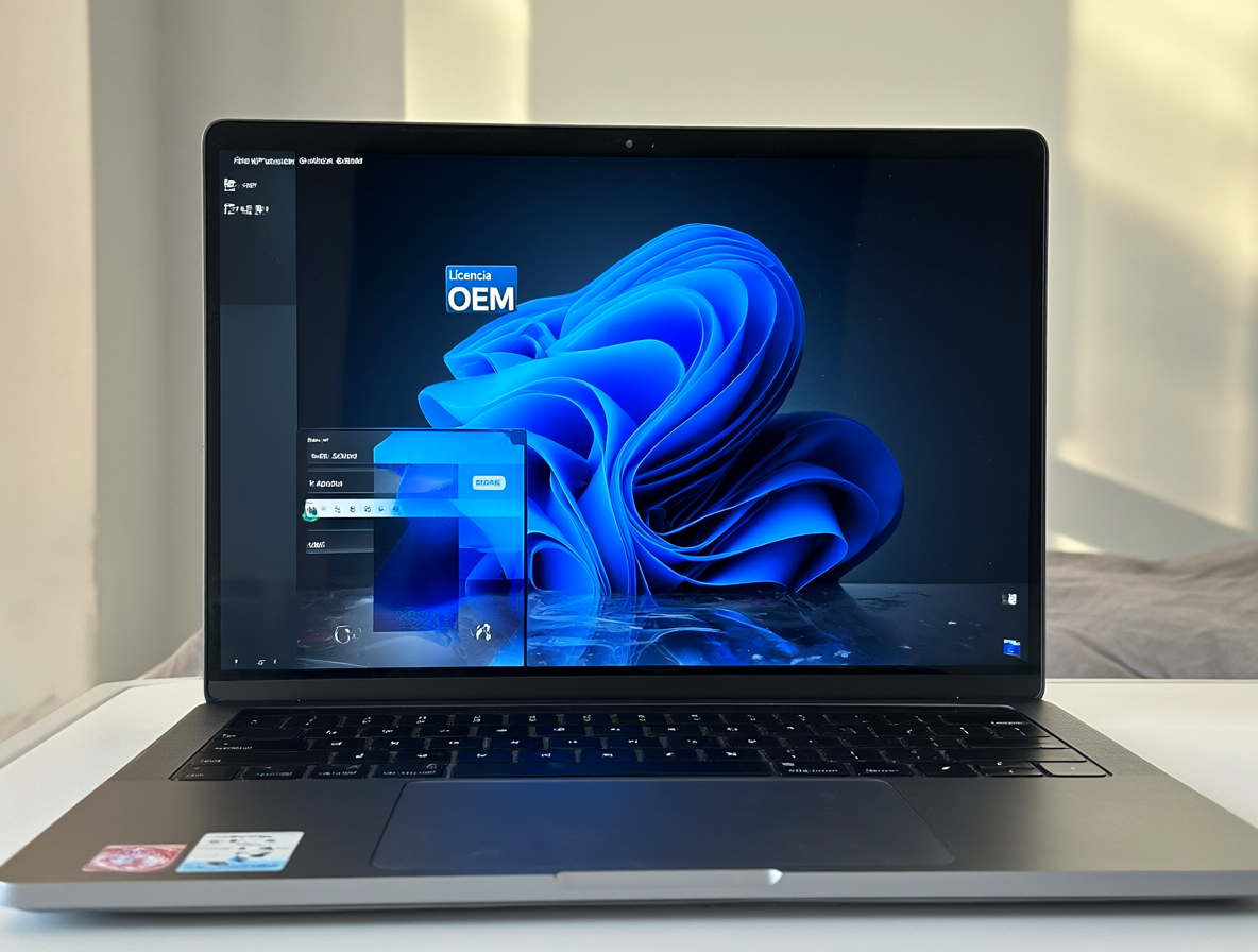 Un laptop moderno sobre un escritorio limpio, con la pantalla mostrando una interfaz de Windows 11 Home en modo S y una etiqueta flotante que dice 'Licencia OEM'.
