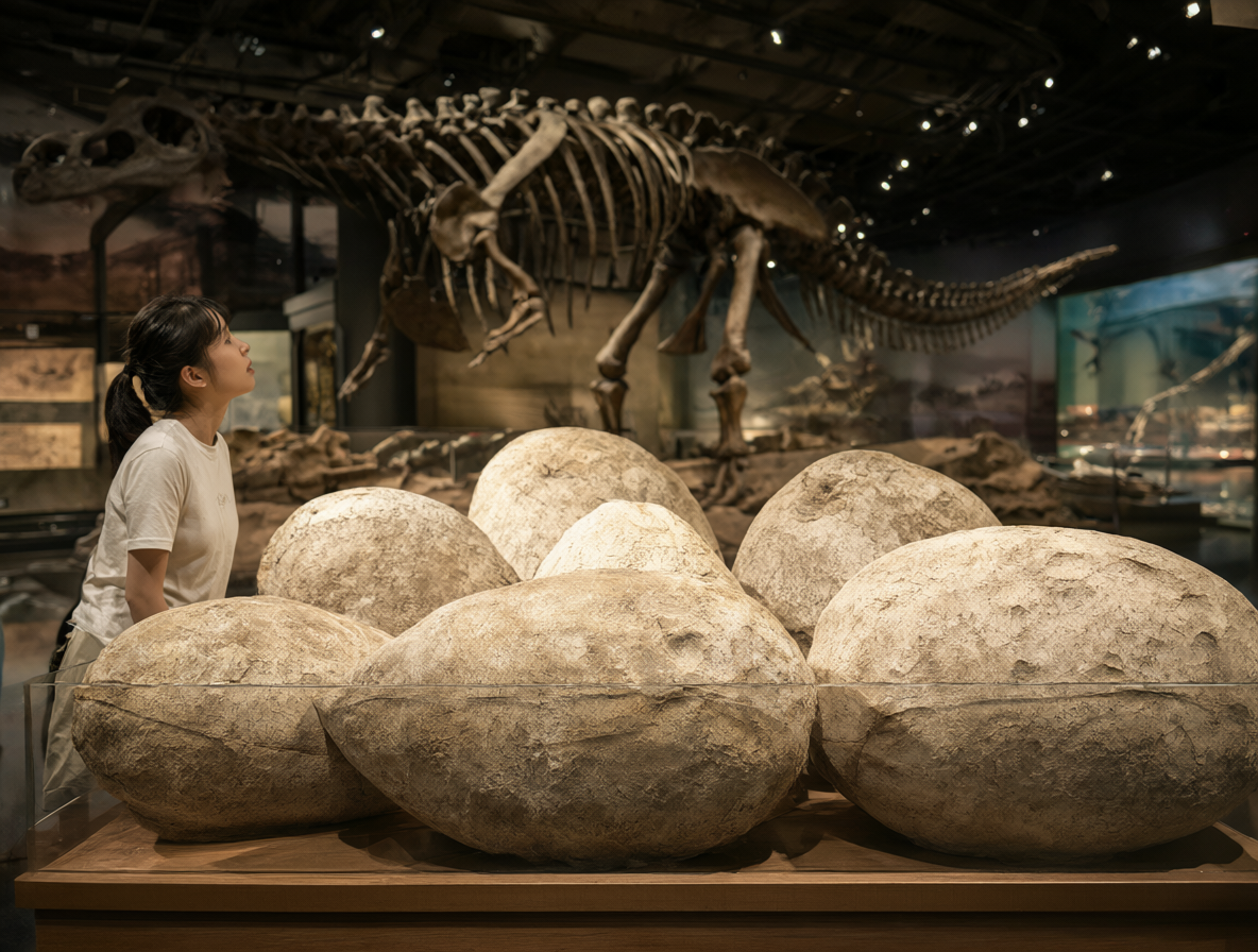 Varios huevos fósiles de dinosaurio gigantes sobre una mesa de madera en un museo, con una persona de pie a la derecha para dar escala.